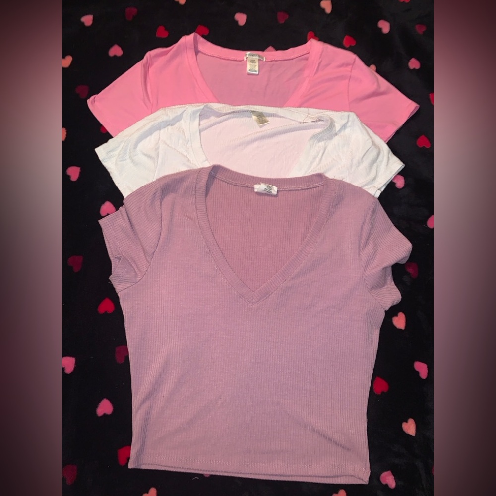 Crop V-Neck Tee - Mauve /Pink/White total of 3 shirts